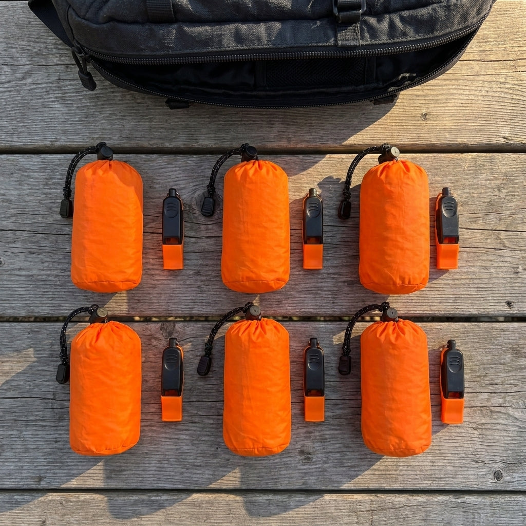 Pack 4+2 GRATIS: seis sacos vivac térmicos en sus fundas naranjas con sus seis silbatos de rescate, junto a una mochila de emergencia