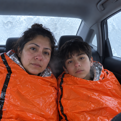 Madre e hijo dentro de un coche con los cristales helados, cada uno envuelto en su propio saco vivac térmico naranja