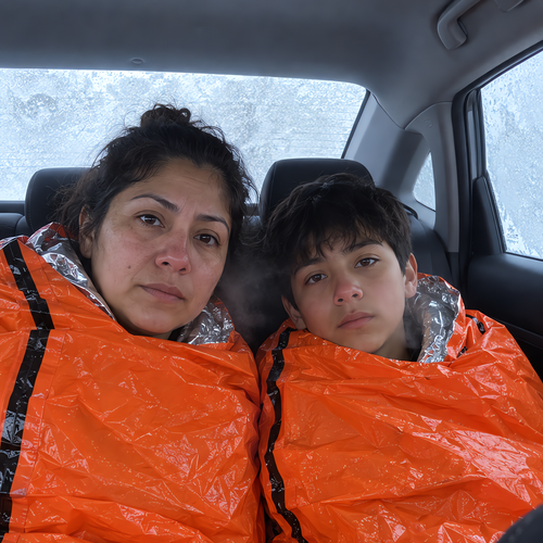 Madre e hijo dentro de un coche con los cristales helados, cada uno envuelto en su propio saco vivac térmico naranja