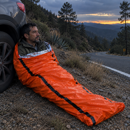 Hombre dentro de un saco vivac térmico naranja junto a su coche en una carretera de la Sierra Madre al atardecer