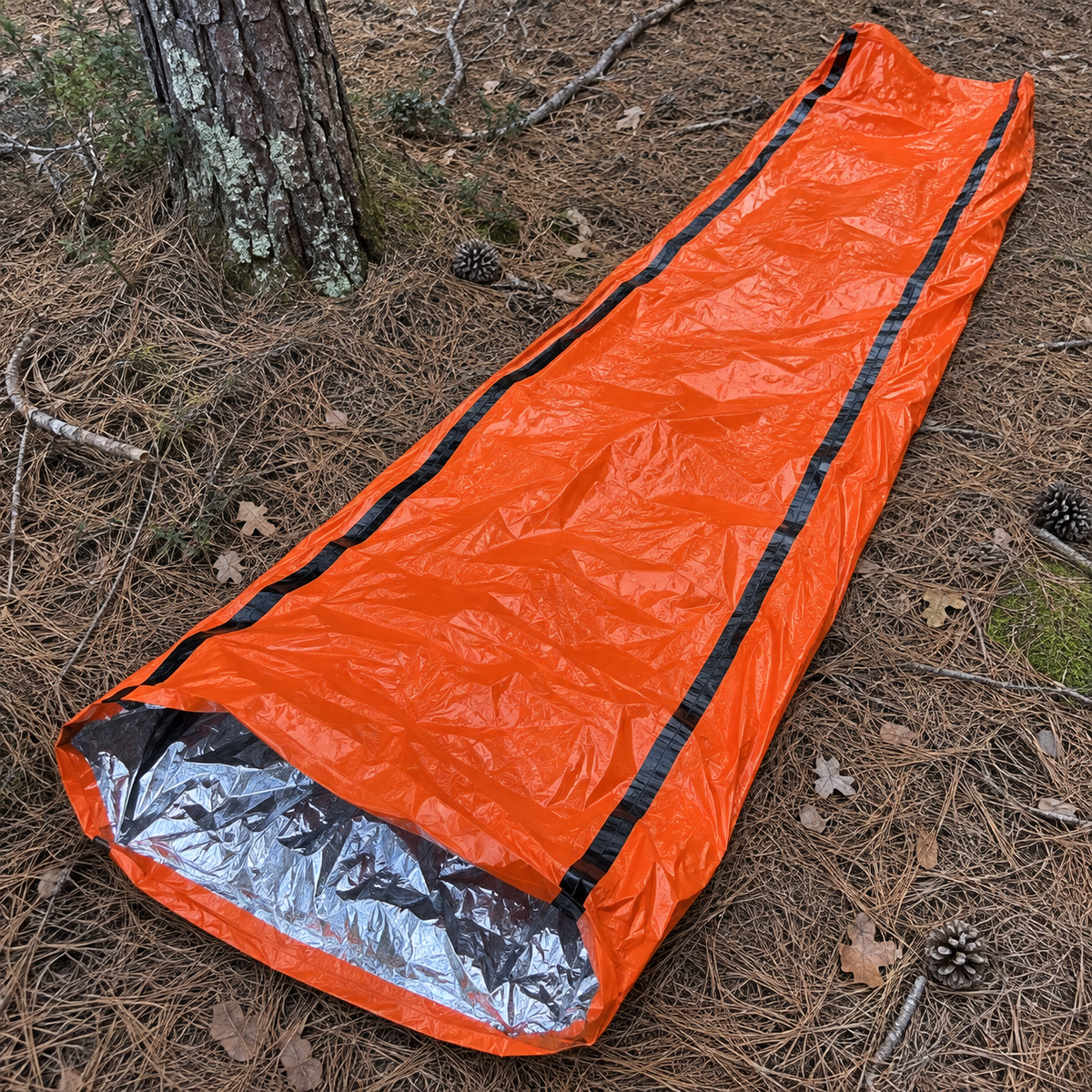Saco vivac térmico naranja desplegado sobre el suelo de un bosque de pinos
