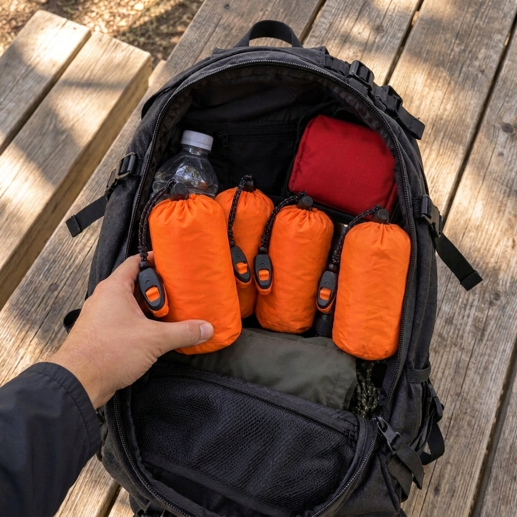 Pack 3+1 GRATIS: cuatro sacos vivac térmicos en sus fundas naranjas, cada uno con su silbato de rescate, dentro de una mochila de emergencia